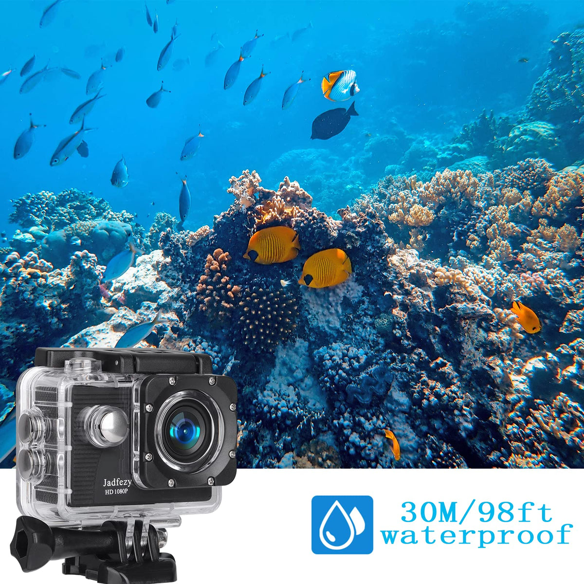 Jadfezy action camera with dual batteries for extended recording.
