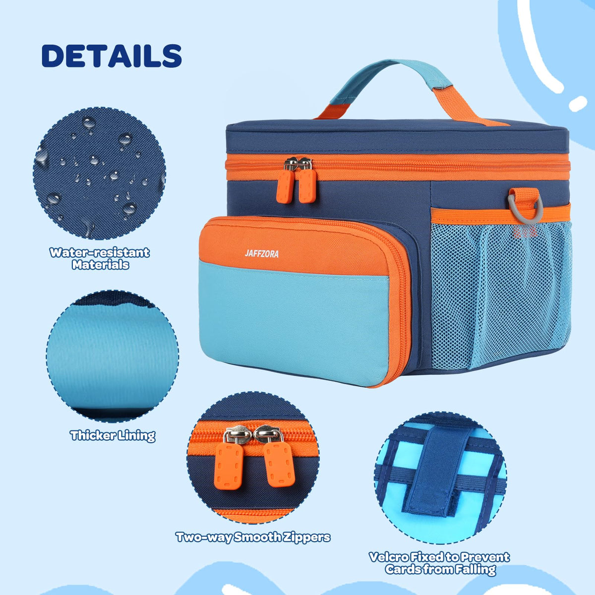 Jaffzora multi-pocket storage design with cables and cards