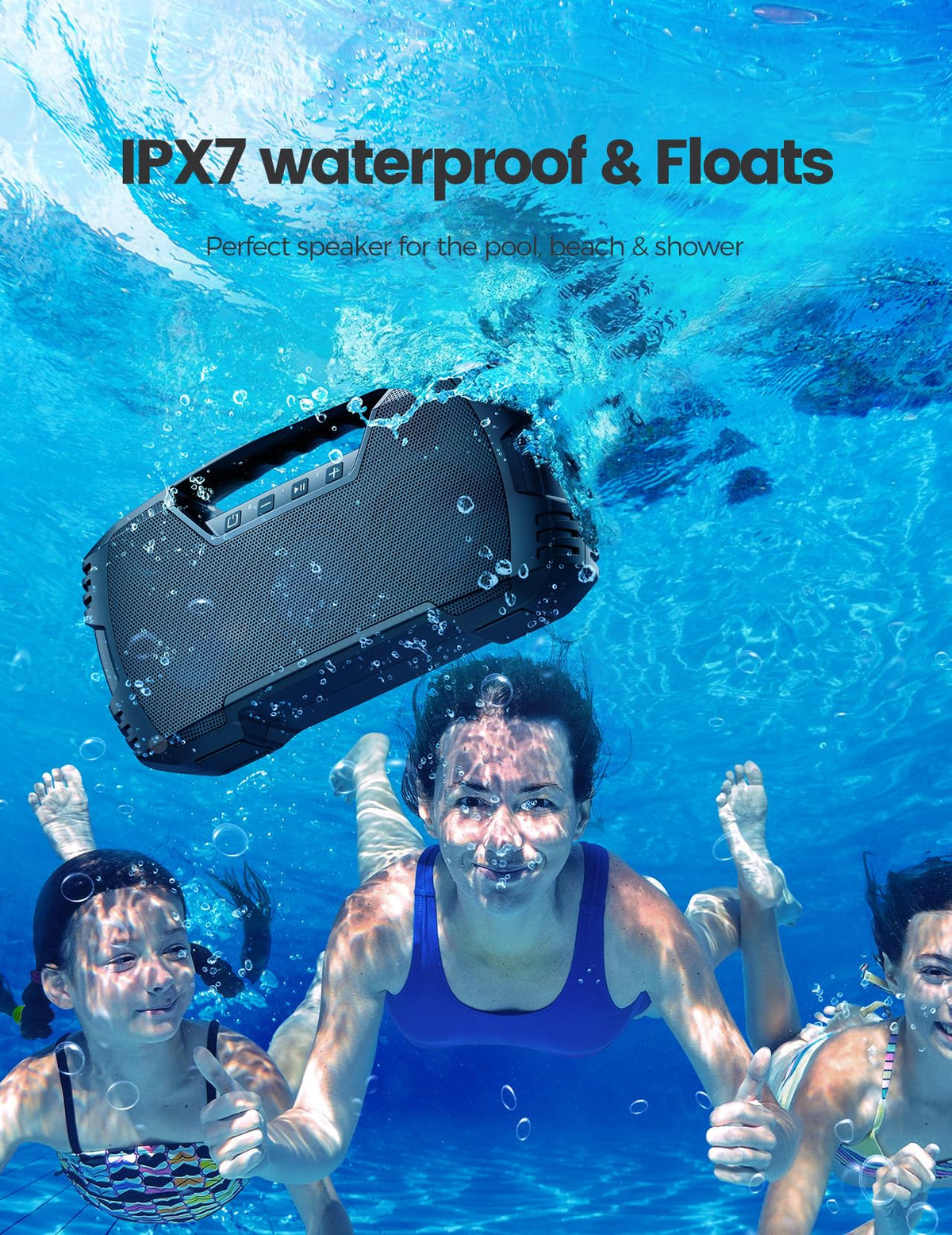 JIAHAYAU speaker IPX7 waterproof view emphasizes waterproof design for pool and beach adventures.