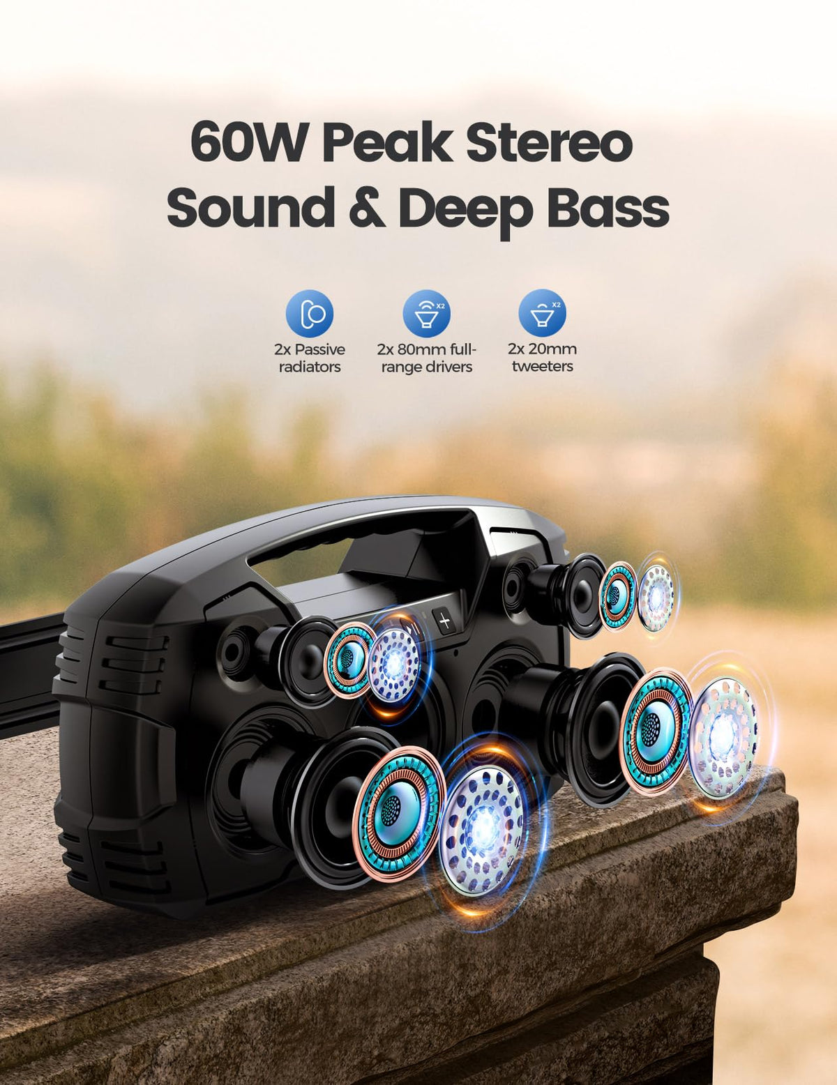 JIAHAYAU speaker side view highlights rugged build for travel and on-the-go listening.