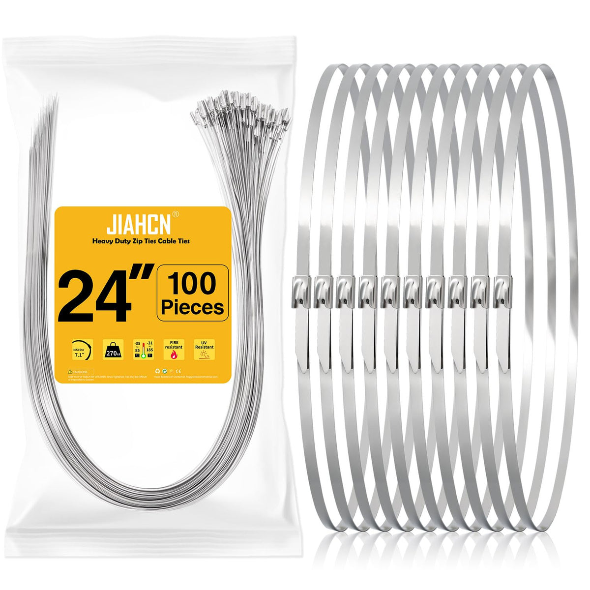 JIAHCN 24-inch metal zip tie for robust outdoor binding.