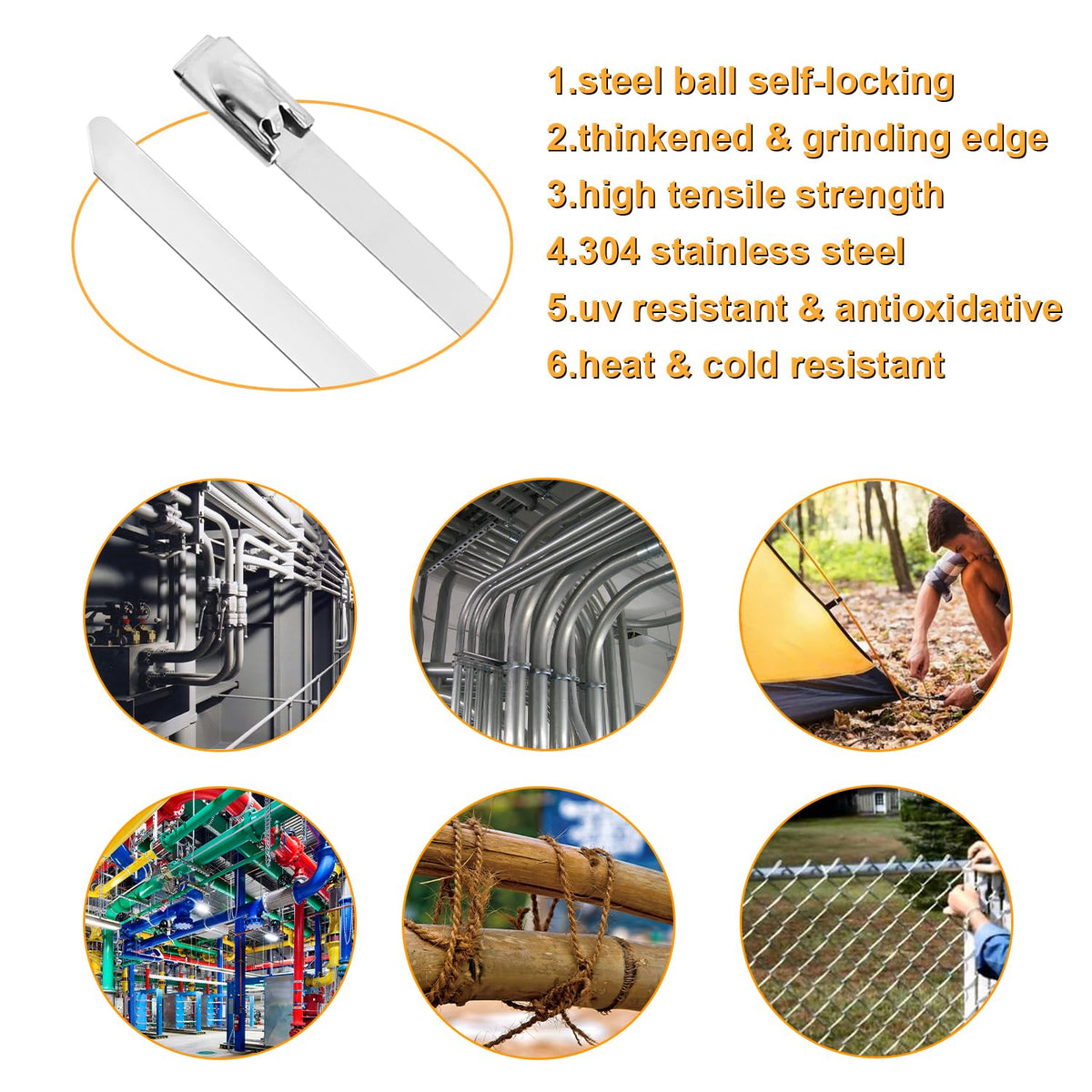 JIAHCN outdoor-ready metal zip tie resisting corrosion in sunlight.