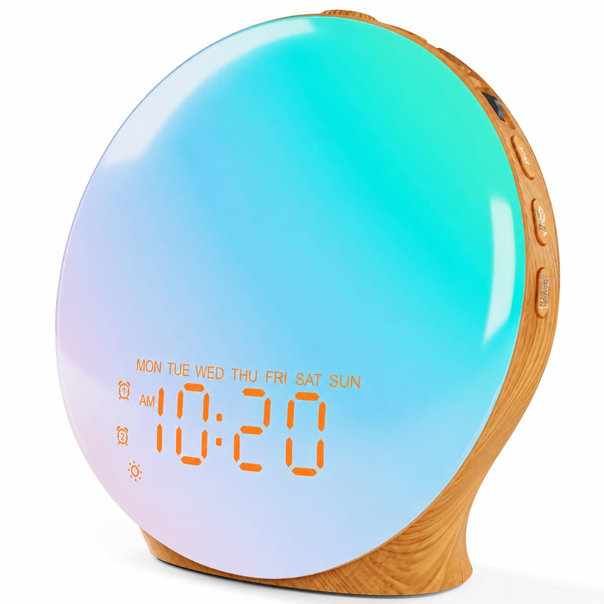 JALL front display showing sunrise simulation and clear clock face for gentle wakeups