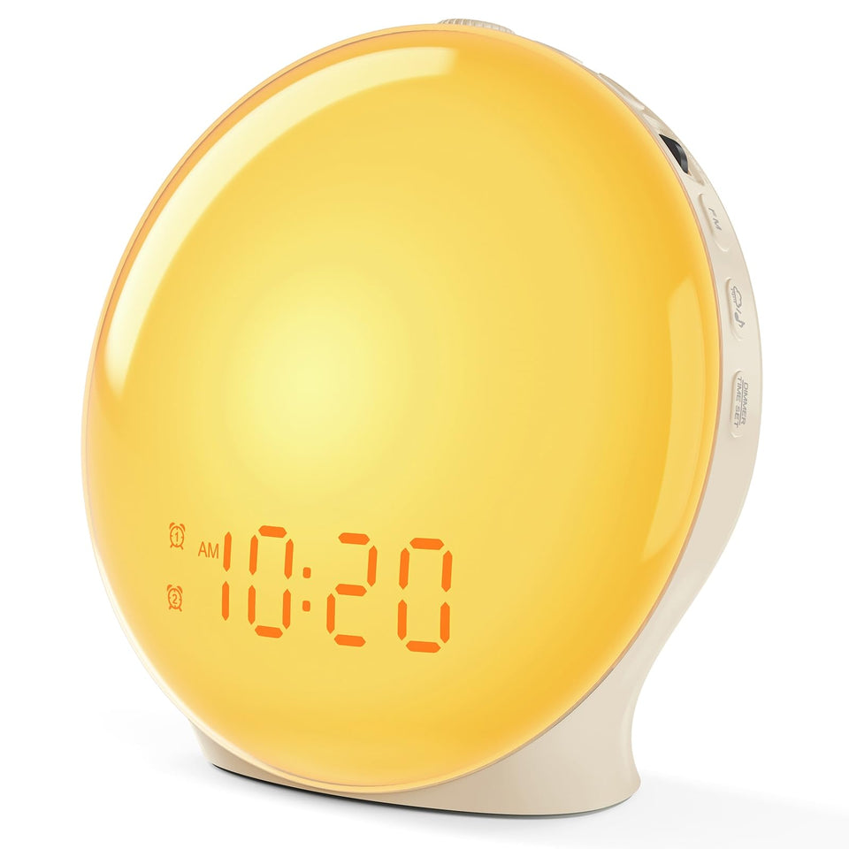 JALL front full-screen display showing sunrise simulation and clear readout, boosts gentle wake-up