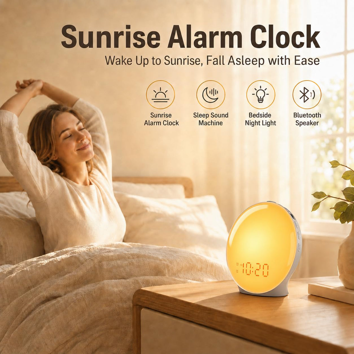 JALL in bedroom morning lifestyle showing gentle wake and ambient light benefit