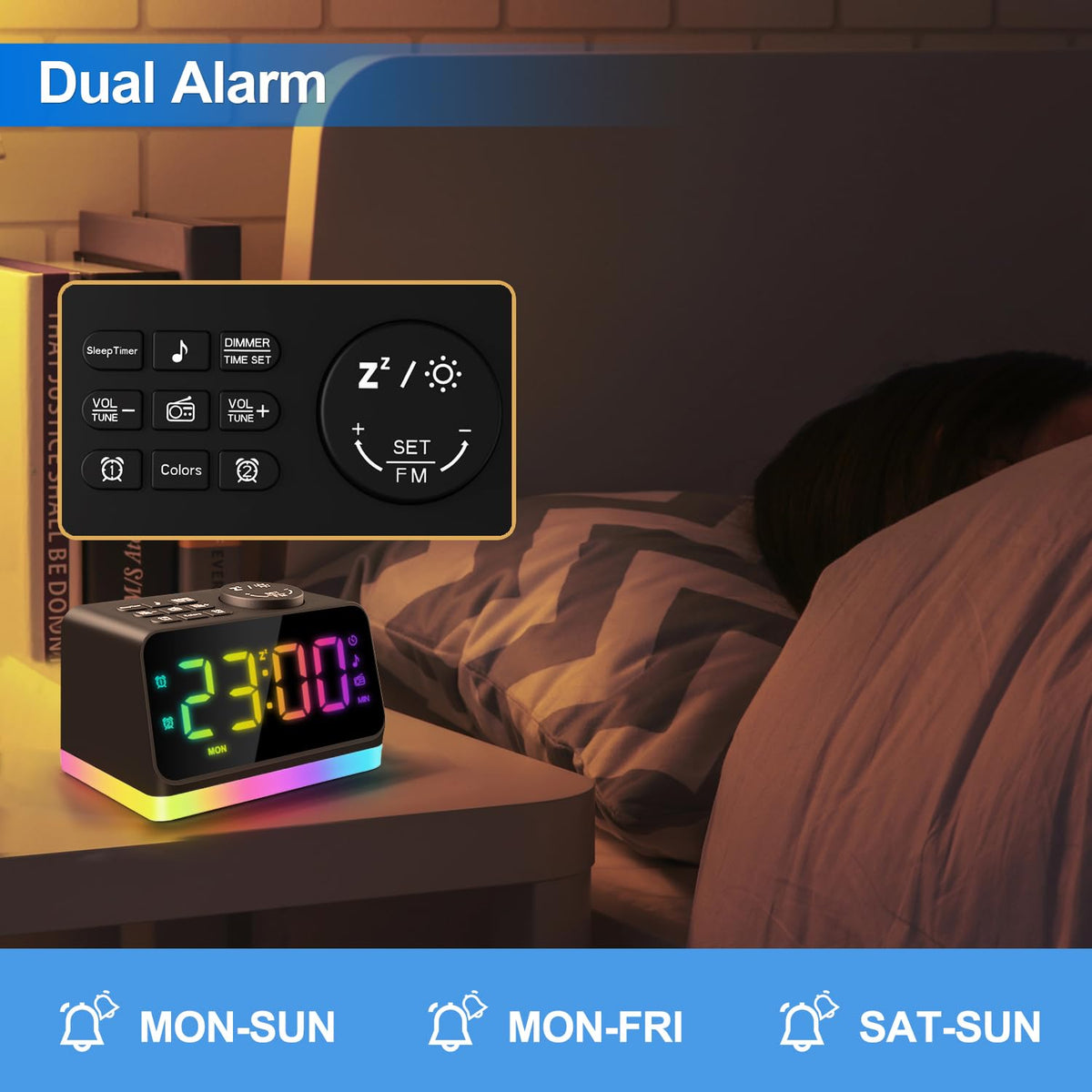 JALL in a bedroom setup showing alarm and lamp use for nightly routines