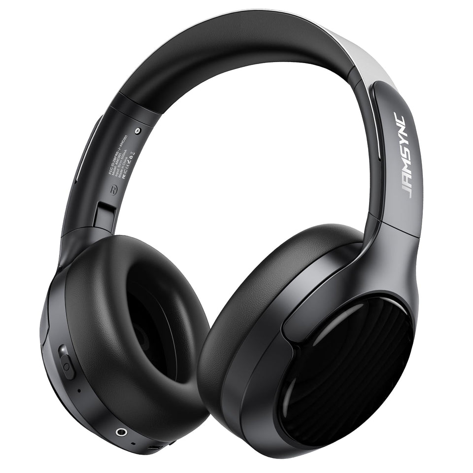 Jamsync front view of over-ear headphones showing design and controls for travel convenience