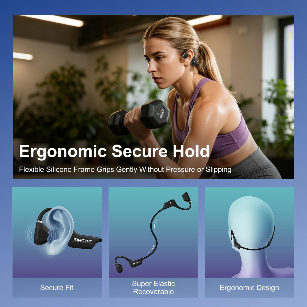 Jamsync secure wrap-around design keeps headphones in place during exercise
