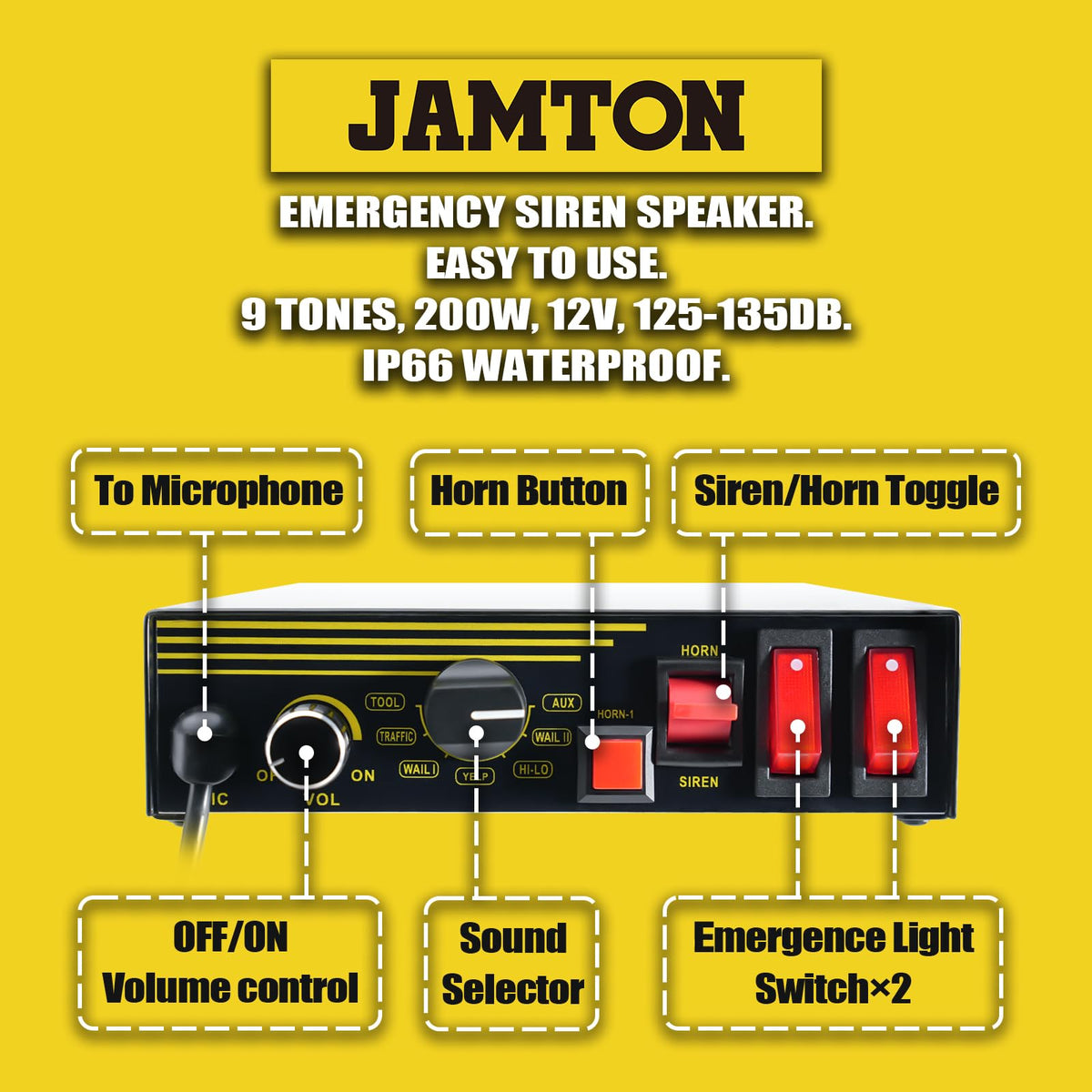 JAMTON 180° horn speaker angled to illustrate wide sound coverage for traffic safety