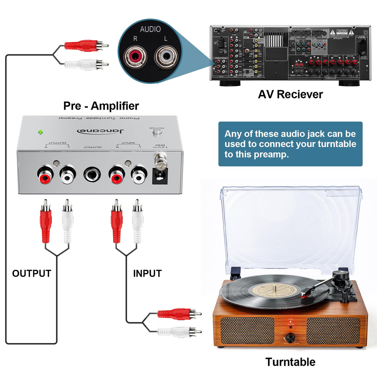 Jancane close-up of stereo RCA inputs enabling simple turntable hookup