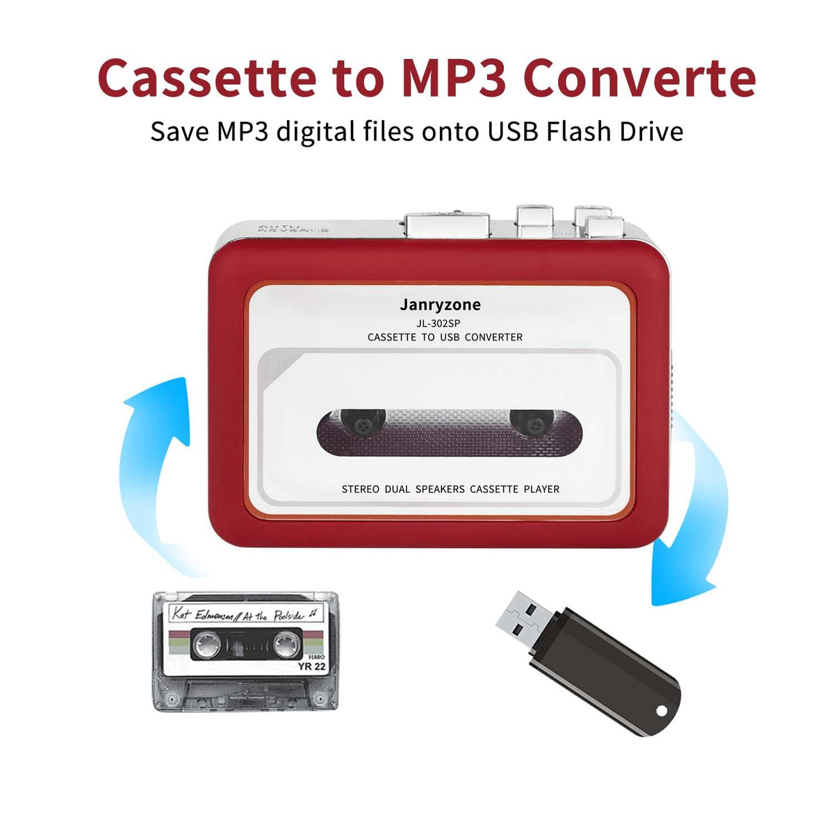Janryzone cassette to USB converter saves tracks directly as MP3 on a USB drive.