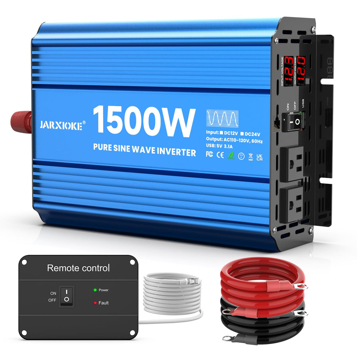 JARXIOKE inverter front view highlights sturdy aluminum enclosure for rugged use.