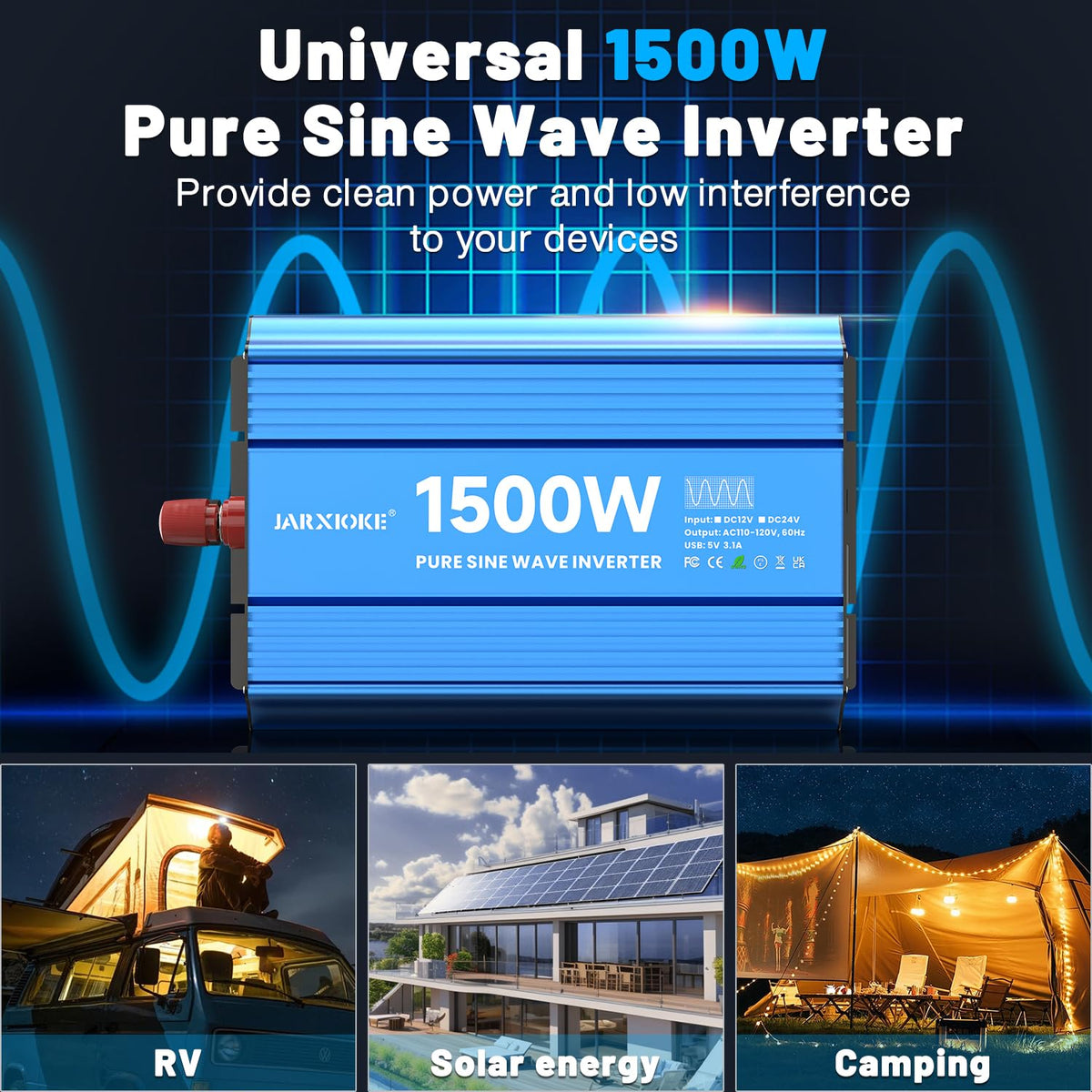 JARXIOKE inverter rear ports show twin AC outlets for home and RV power.