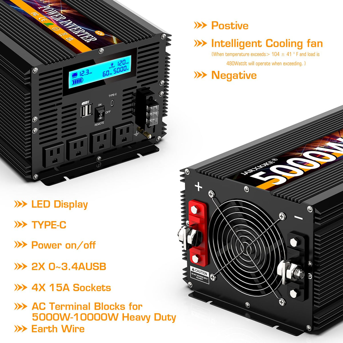 JARXIOKE 5000W inverter aluminum case resists drops and heat buildup.