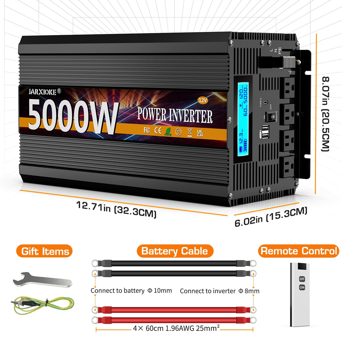 JARXIOKE 5000W inverter battery cable included for easy setup and connection.