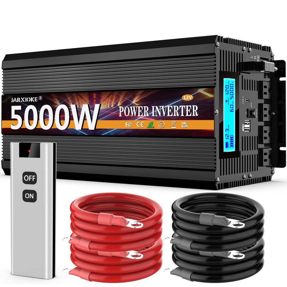 JARXIOKE 5000W inverter front view with LCD display for easy status checks on the go.