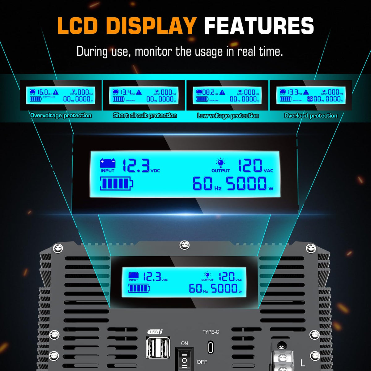 JARXIOKE 5000W inverter LCD display provides quick voltage and load readings.