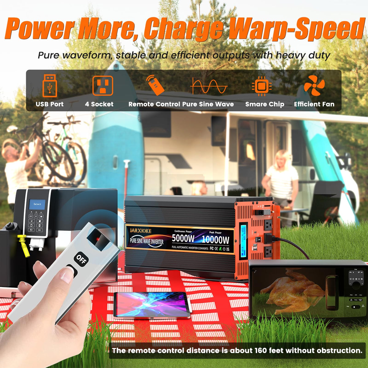 JARXIOKE remote control in use demonstrates convenient on/off operation within range.