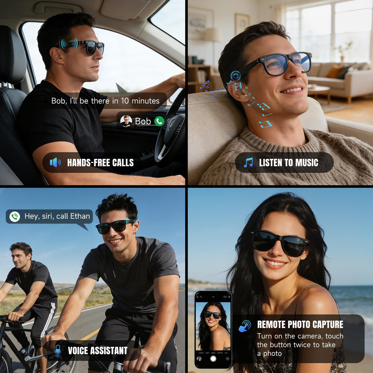 JASPIN BT Smart Glasses wearer close-up showing hands-free calling and casual style