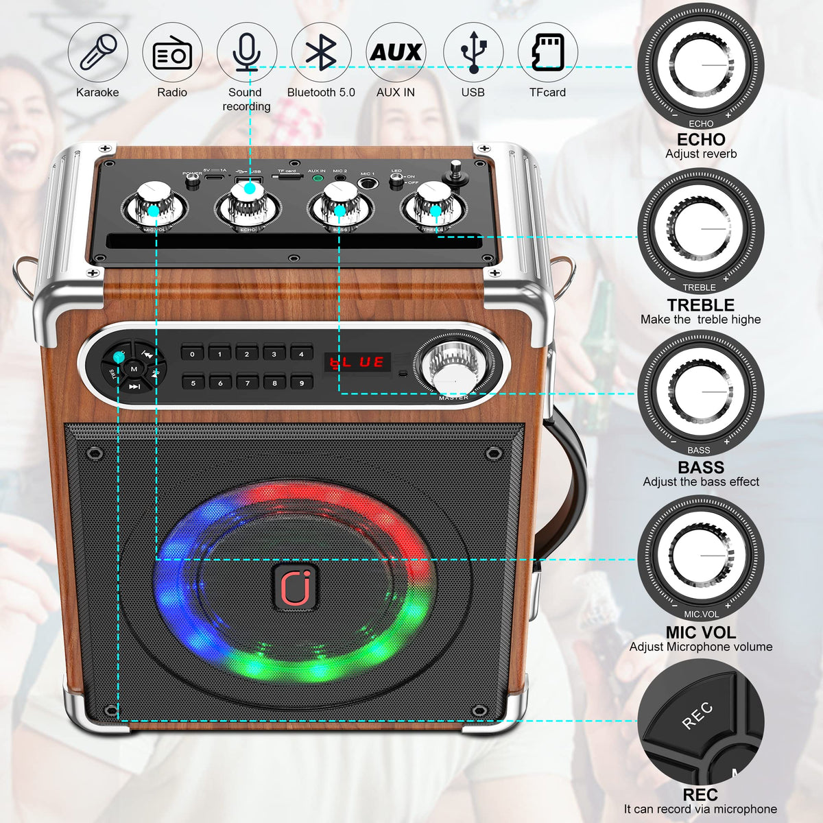 JAUYXIAN mic input supports vocals or guitar via 6.35mm jack.