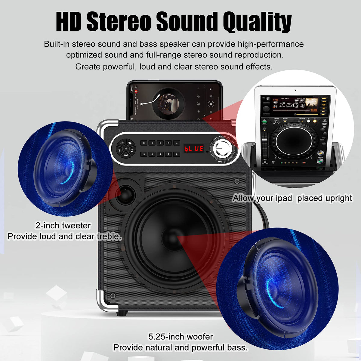 JAUYXIAN close-up of subwoofer and tweeter delivering richer bass