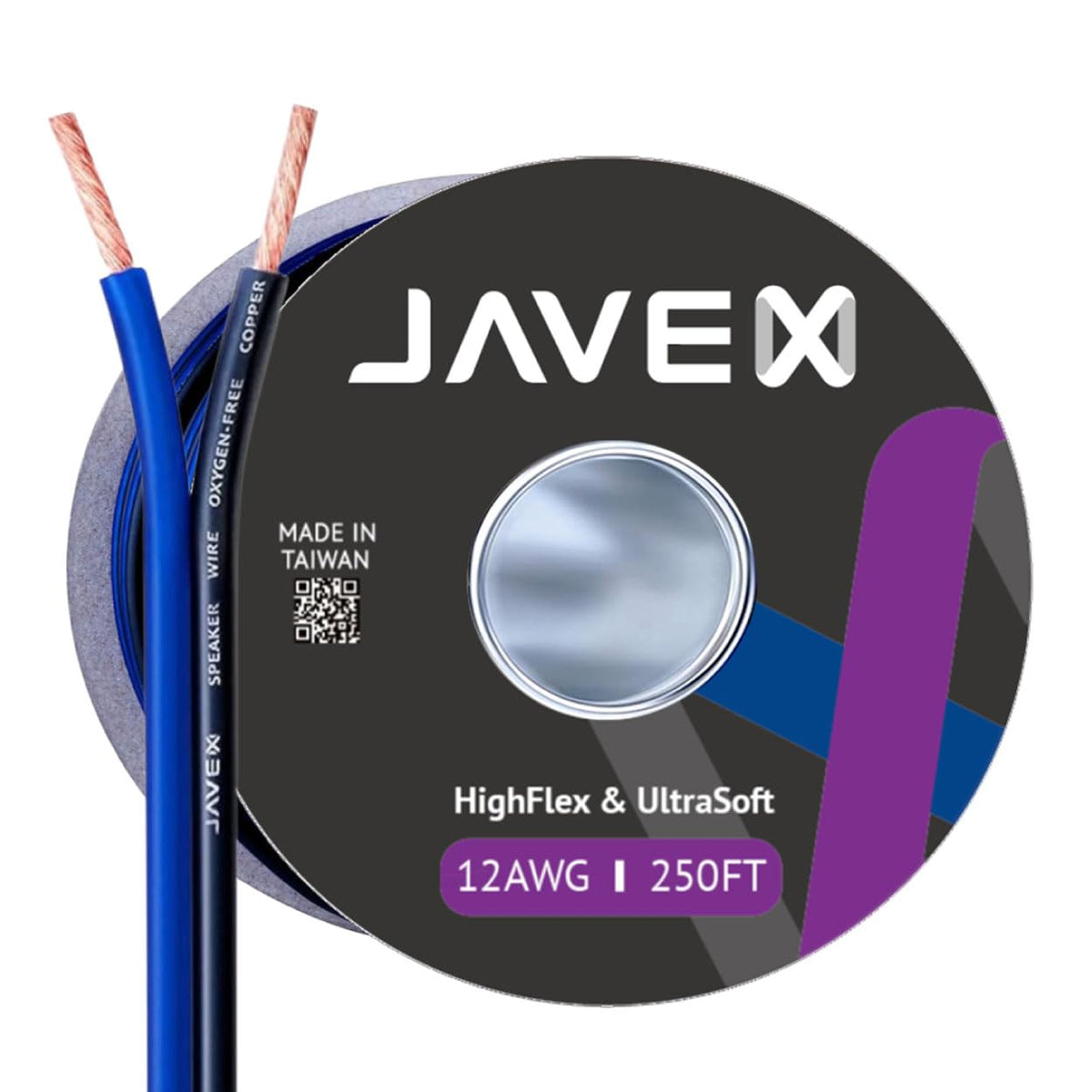 JAVEX 12 AWG OFC spool highlights premium copper for stable audio connections.