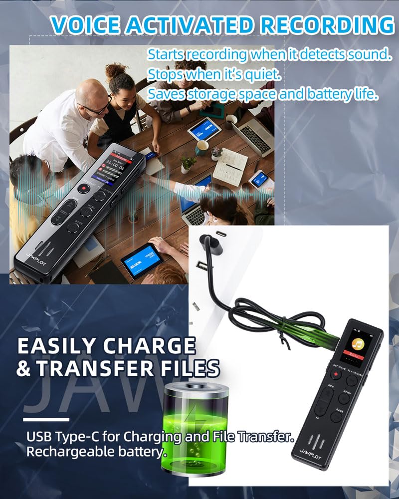 Jawploy 64GB voice recorder display showing storage and controls for easy access.