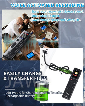 Jawploy 64GB voice recorder display showing storage and controls for easy access.