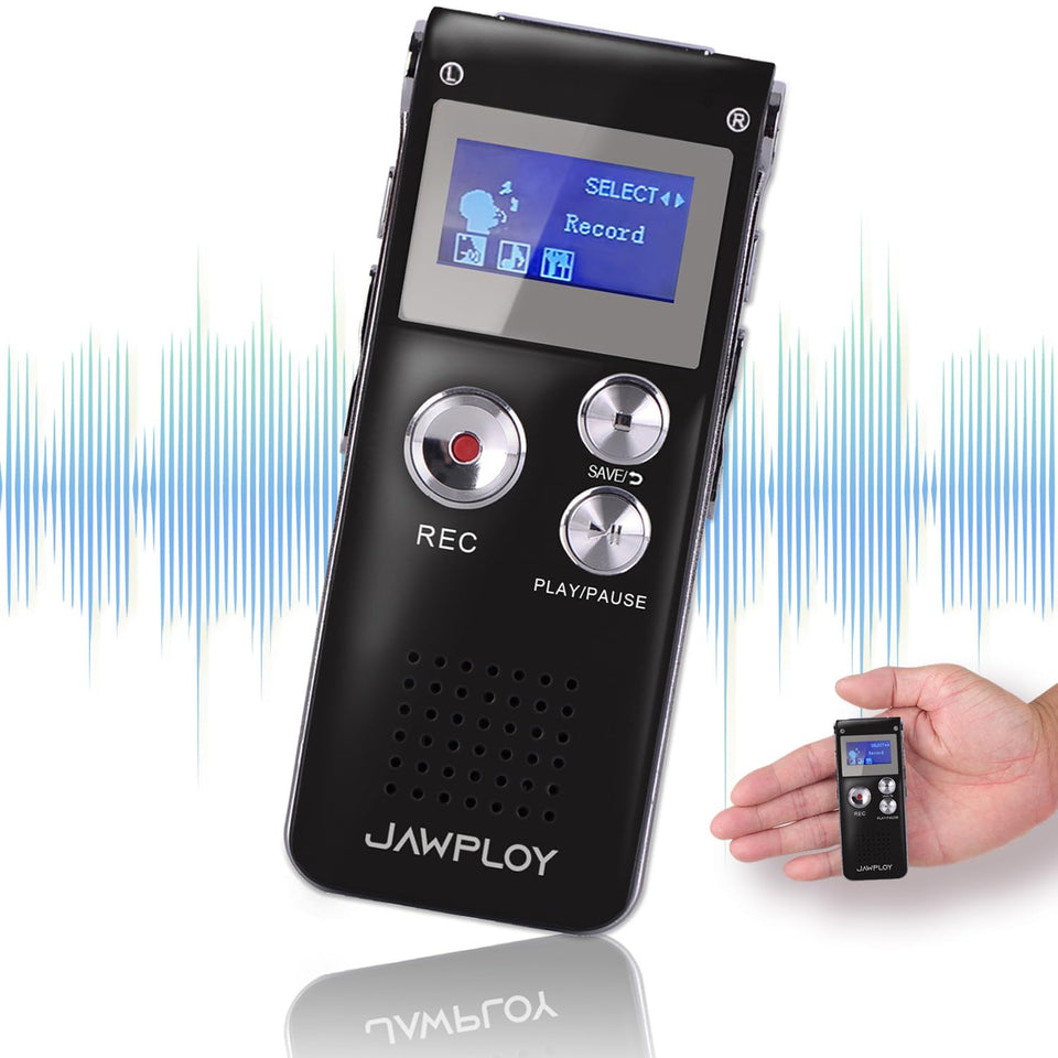 Jawploy 64GB voice recorder, front view, ideal for on-the-go lectures and meetings.