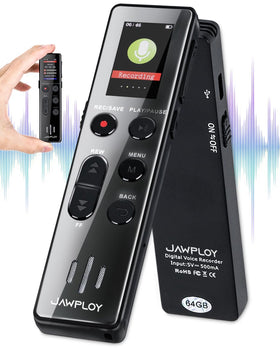 Jawploy 64GB voice recorder front view with HD microphone for clear lecture recordings.