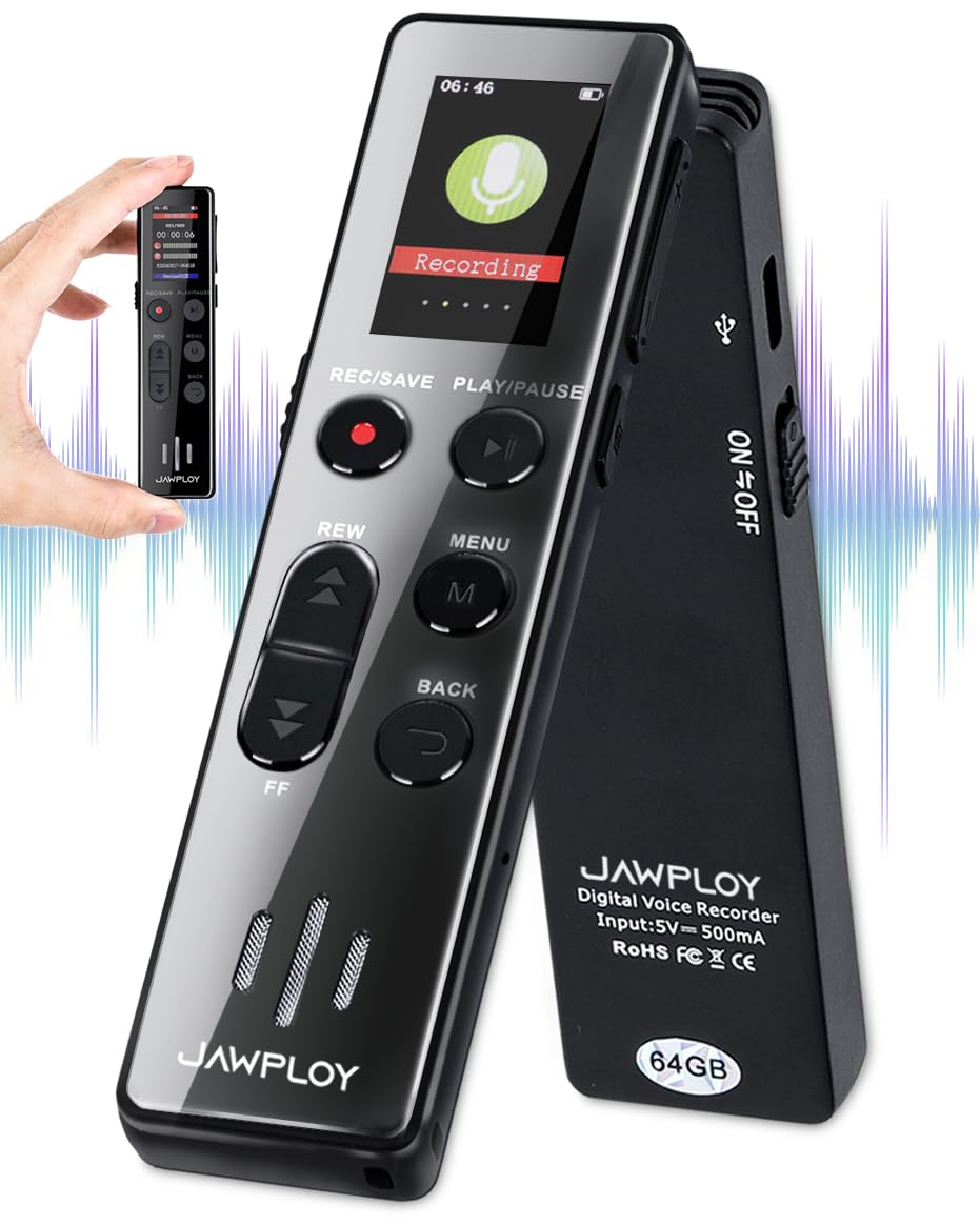 Jawploy 64GB voice recorder front view with HD microphone for clear lecture recordings.