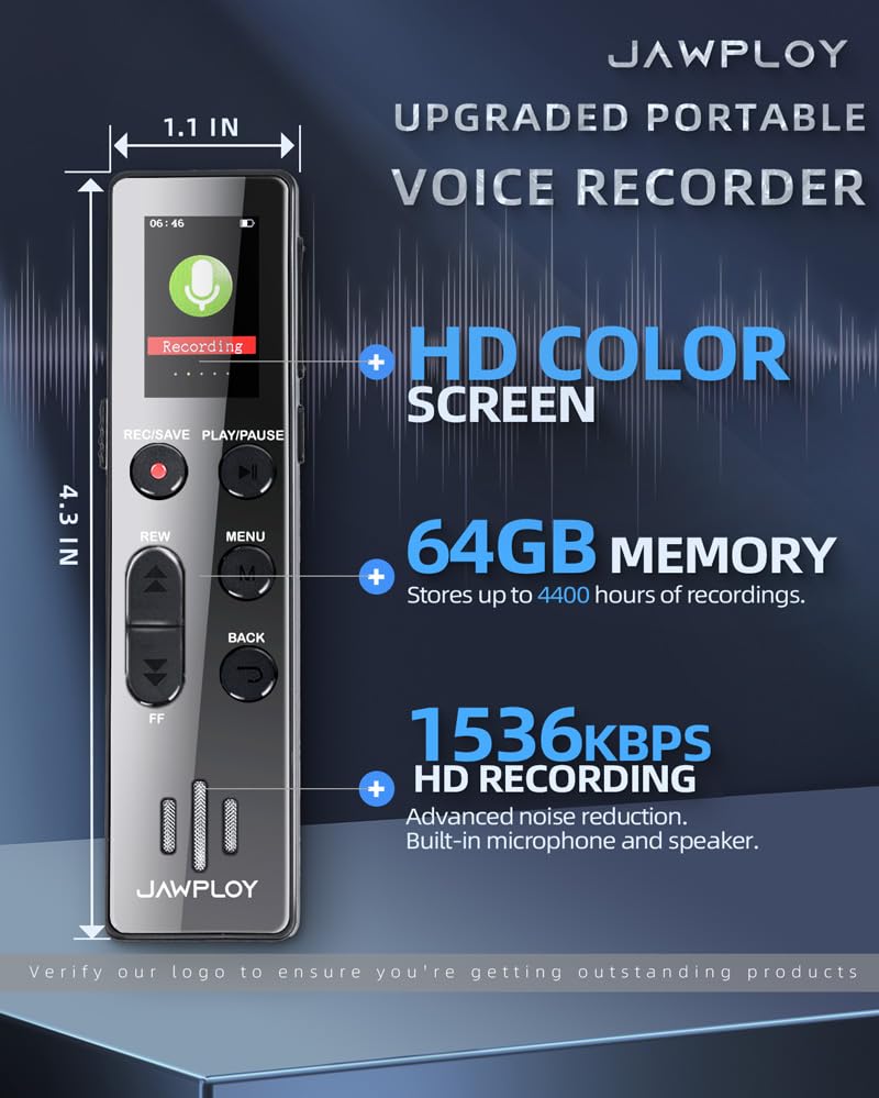 Jawploy 64GB voice recorder side view highlights compact, portable design for on-the-go use.