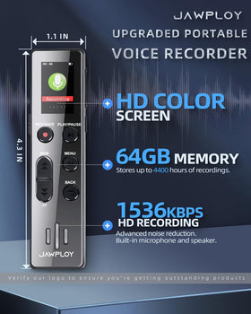 Jawploy 64GB voice recorder side view highlights compact, portable design for on-the-go use.