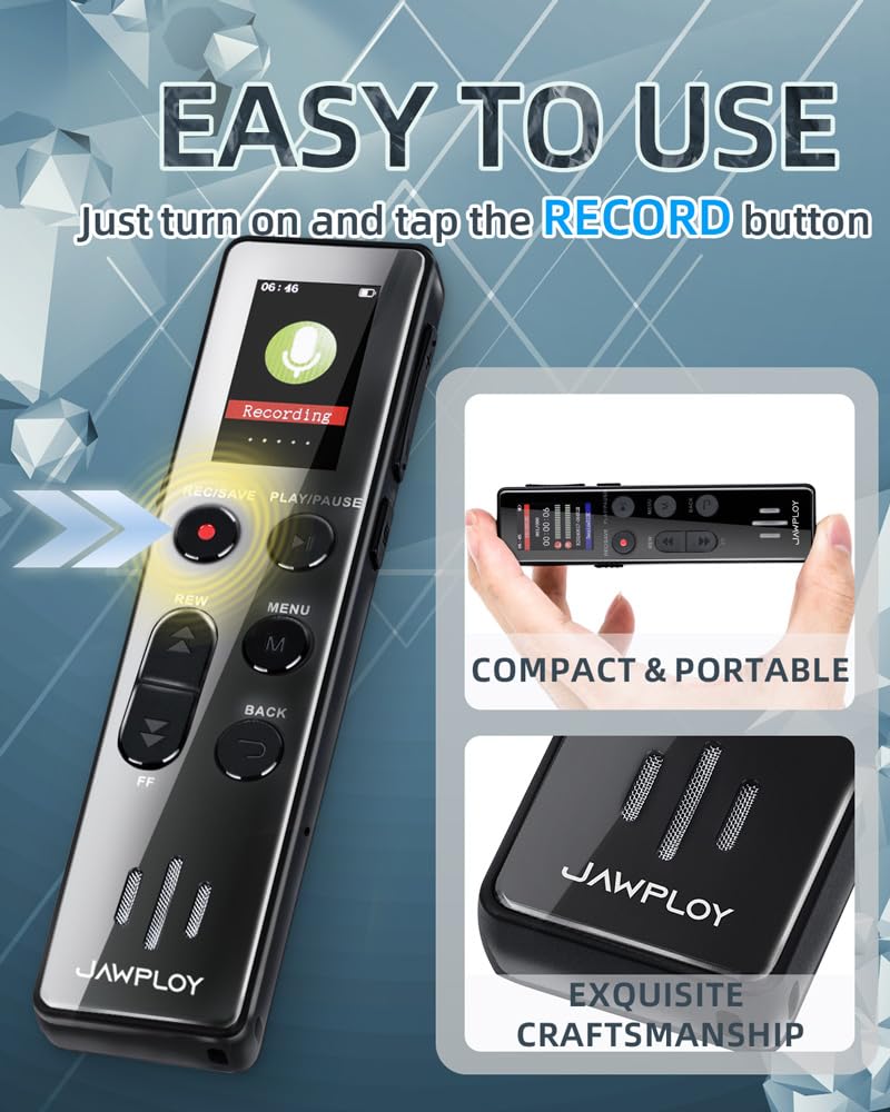 Jawploy 64GB voice recorder with USB-C port for fast data transfer.