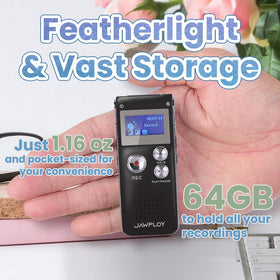 Jawploy compact voice recorder held in hand, perfect for interviews and note-taking.