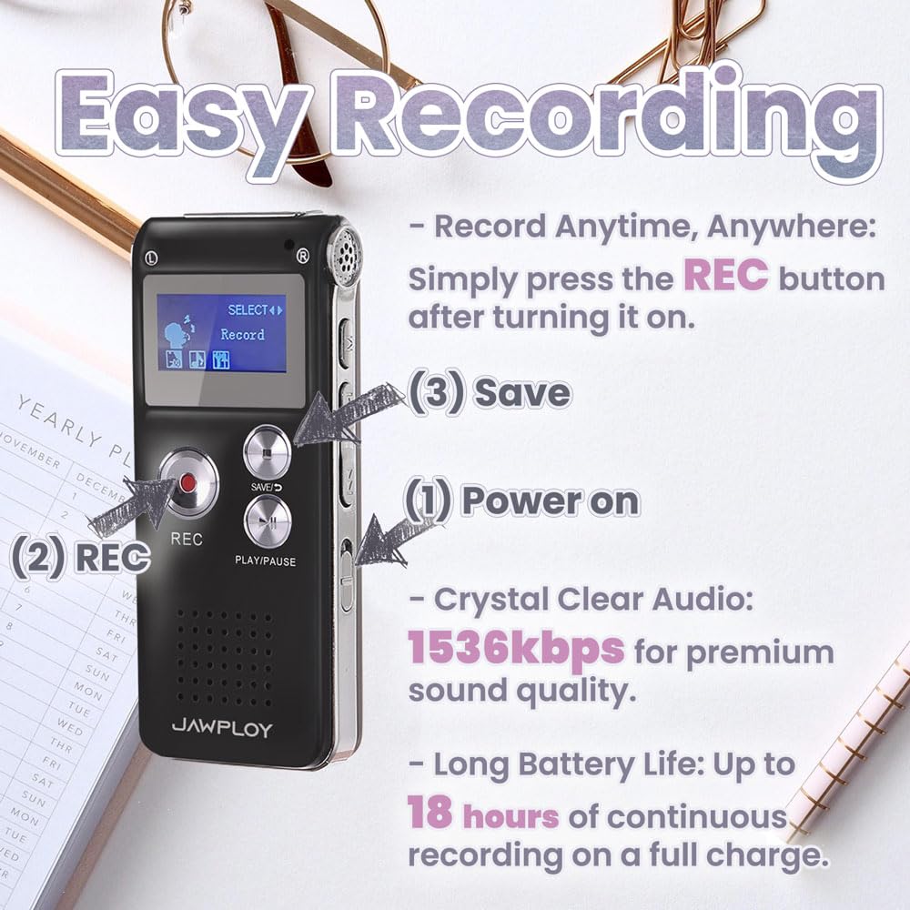 Jawploy voice recorder with USB charging and data transfer for easy syncing.