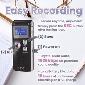 Jawploy voice recorder with USB charging and data transfer for easy syncing.