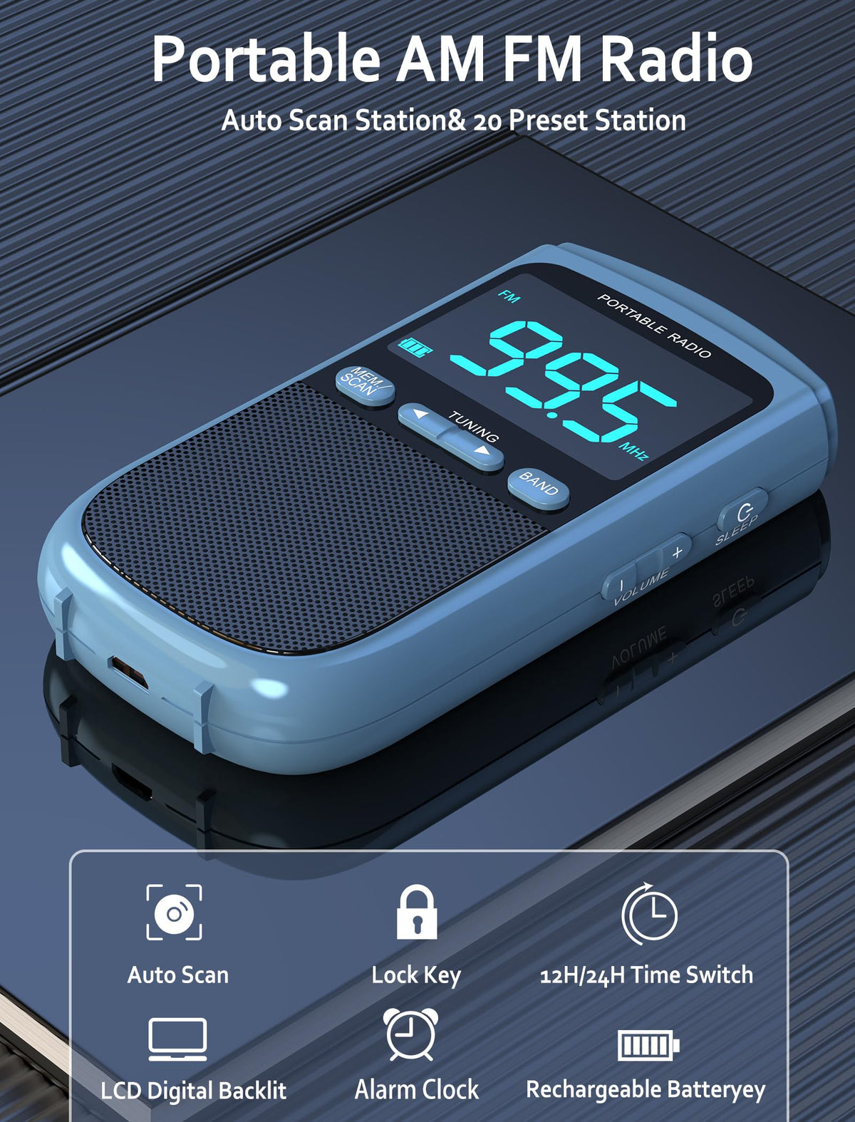 Jazmm radio with 3.5mm headphone jack for private listening.