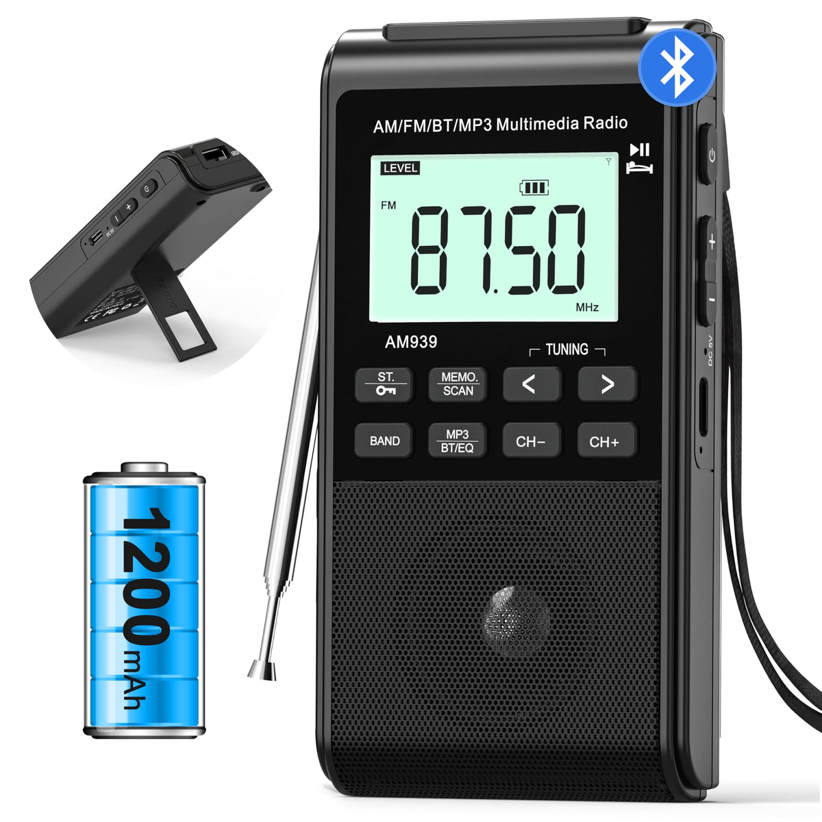 Jazmm Pocket Radio with AM/FM presets for quick station access