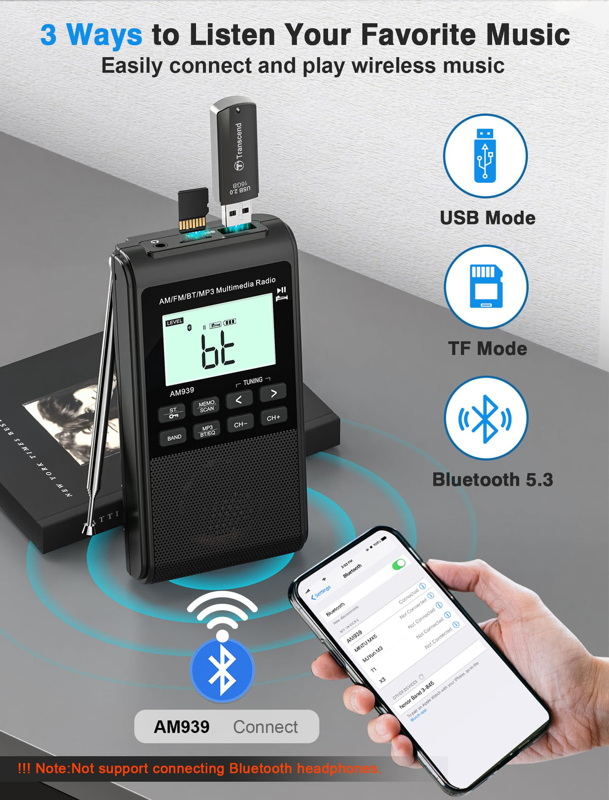 Jazmm Pocket Radio USB/SD playback supports MP3 files