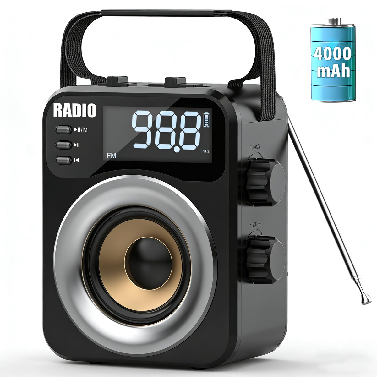 Jazmm portable radio front view for home and outdoor listening.