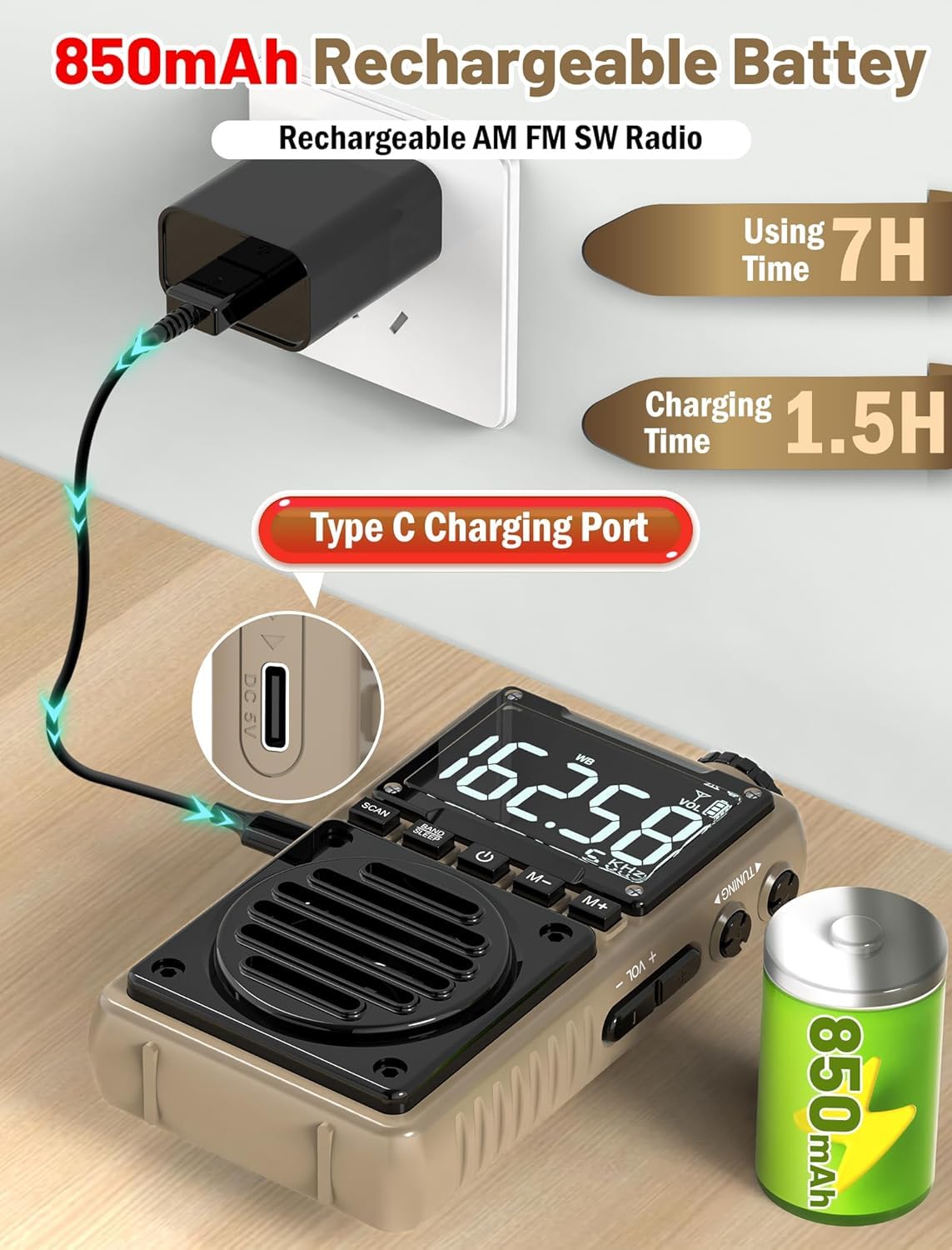 Jazmm radio with flashlight and LCD display for clear operation anywhere.