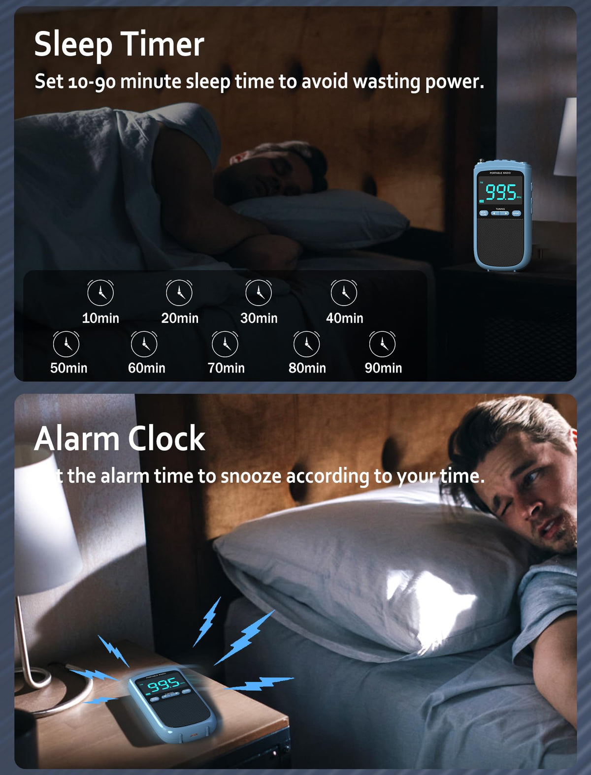Jazmm sleep timer helps conserve battery when winding down.