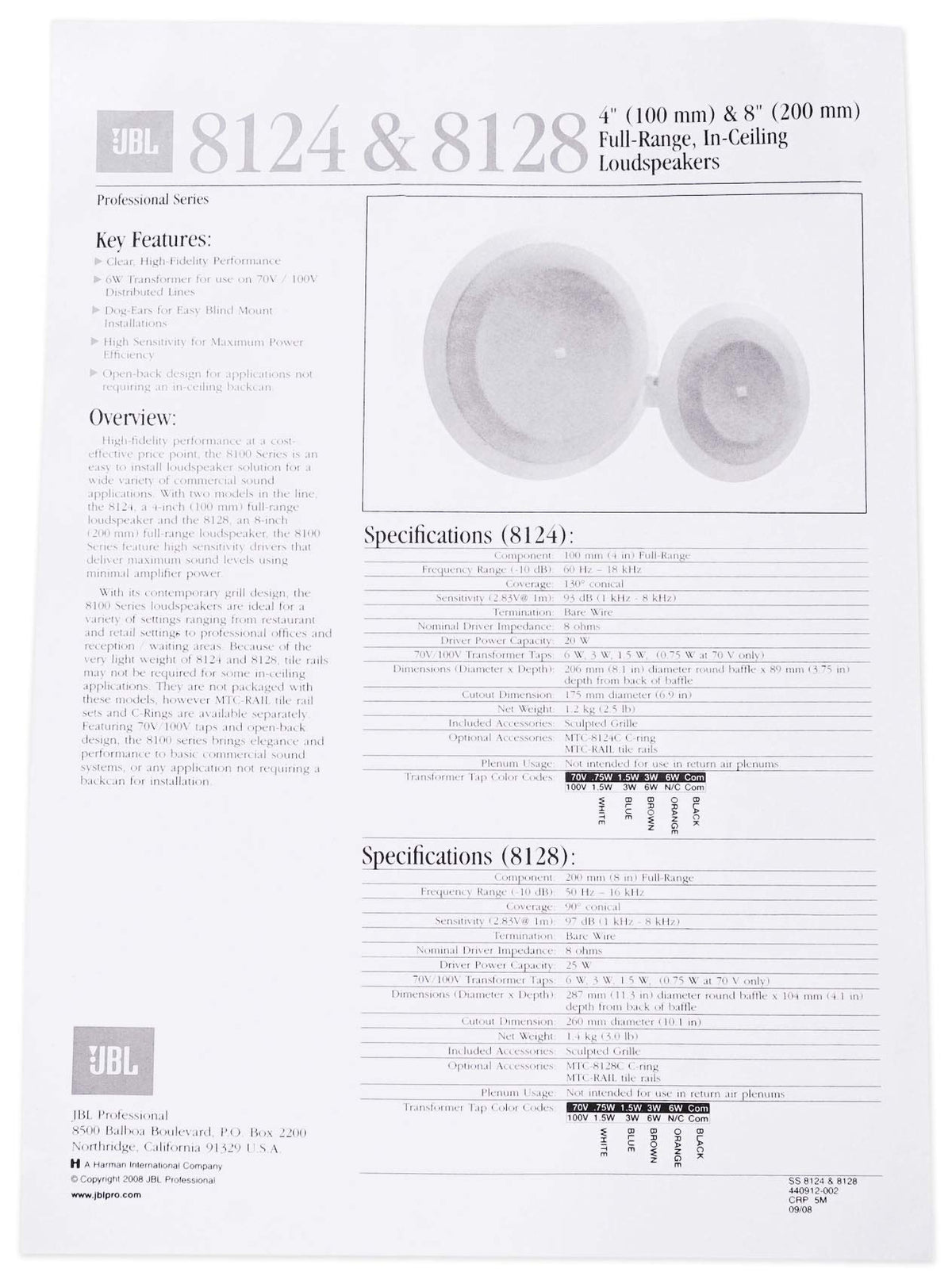 JBL 8124 dimensions are 8.1 in diameter by 3.5 in depth for easy ceiling fit.
