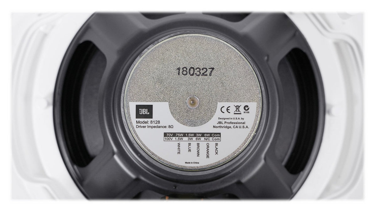 JBL 8128 in-ceiling diffuser close-up showing refined sound diffusion.