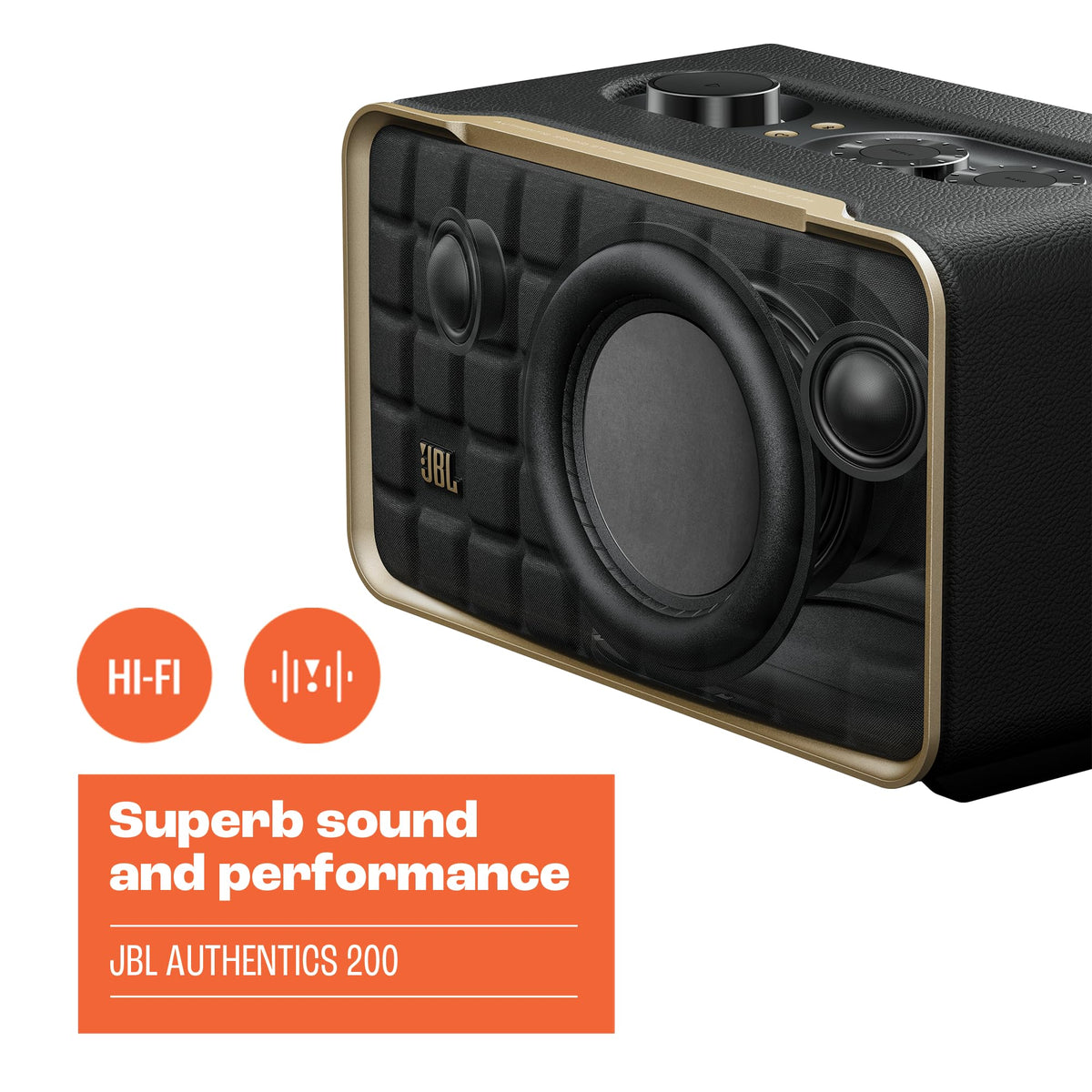 JBL Authentics 200 aluminum frame and leather-like enclosure for premium build.