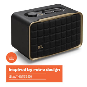 JBL Authentics 200 leather-like enclosure with tactile finish and classic vibe.