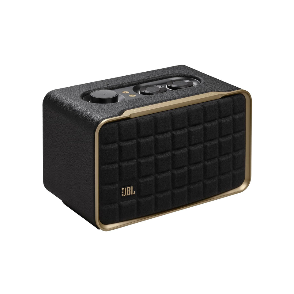 JBL Authentics 200 front view with Quadrex grille delivering bold retro style.