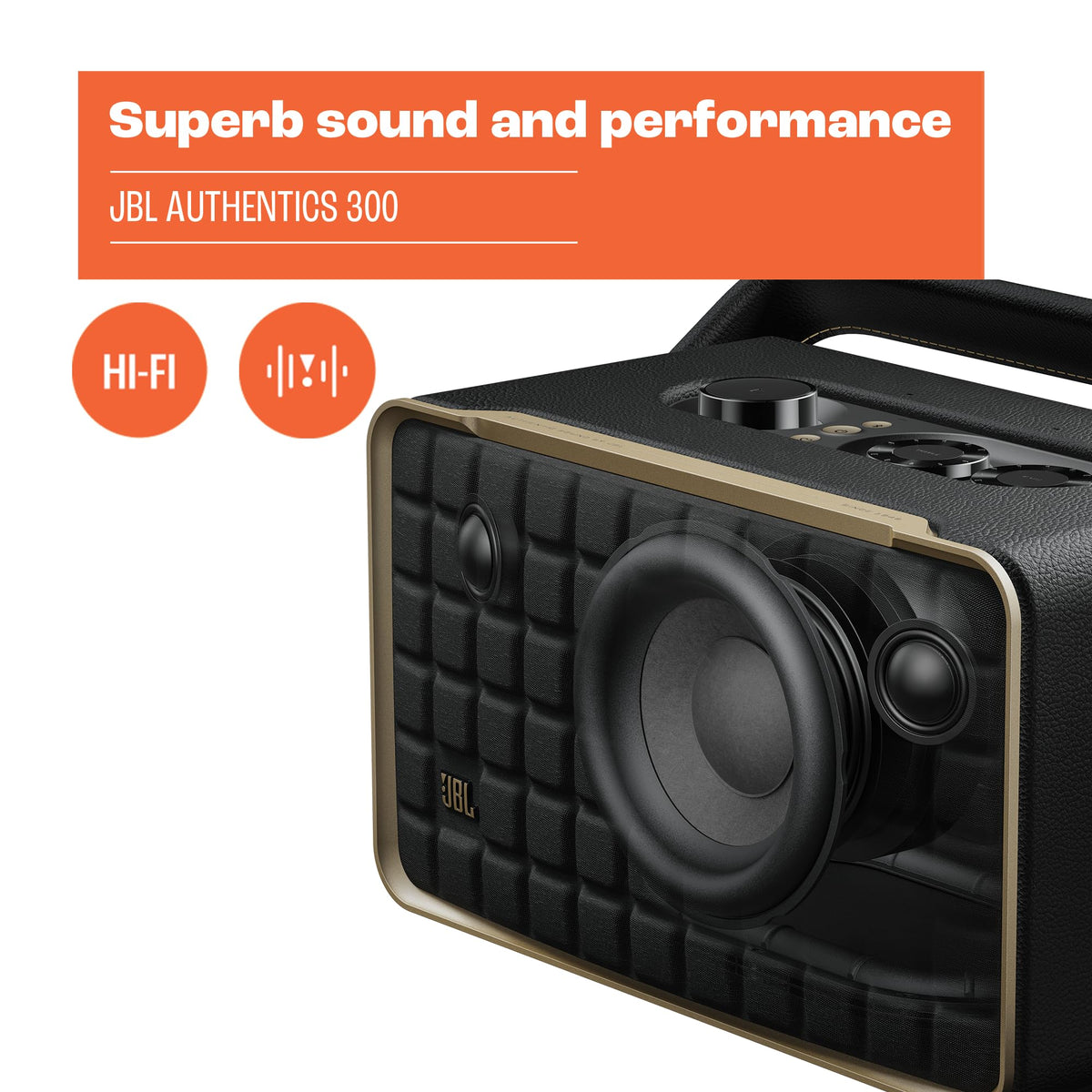 JBL Authentics 300 top view, retro leather-like enclosure for stylish, versatile placement