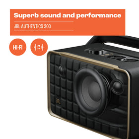 JBL Authentics 300 top view, retro leather-like enclosure for stylish, versatile placement